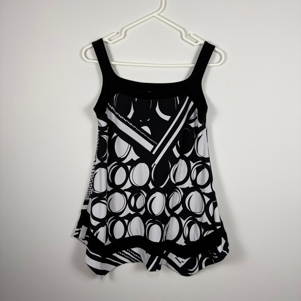 Joseph Ribkoff Black‎ White Geometric Circle Sharkbite Hem Tunic Top Size 4